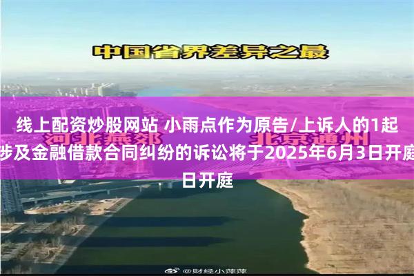 线上配资炒股网站 小雨点作为原告/上诉人的1起涉及金融借款合同纠纷的诉讼将于2025年6月3日开庭